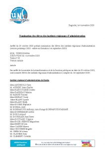 Nomination des élèves des instituts régionaux d’administration – JO du 1er novembre 2020