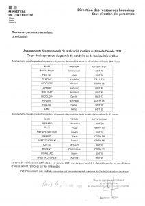 Corps des inspecteurs du permis de conduire et de la sécurité routière – Promotions au 01 janvier 2021